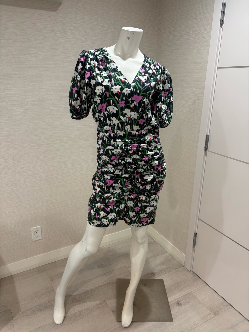 Veronica Beard Black Floral V-Neck Mini Dress with Pink & White Accents